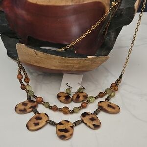 Gold and Brown Animal Print Necklace with Statement Pendants Giraffe Or Cheetah